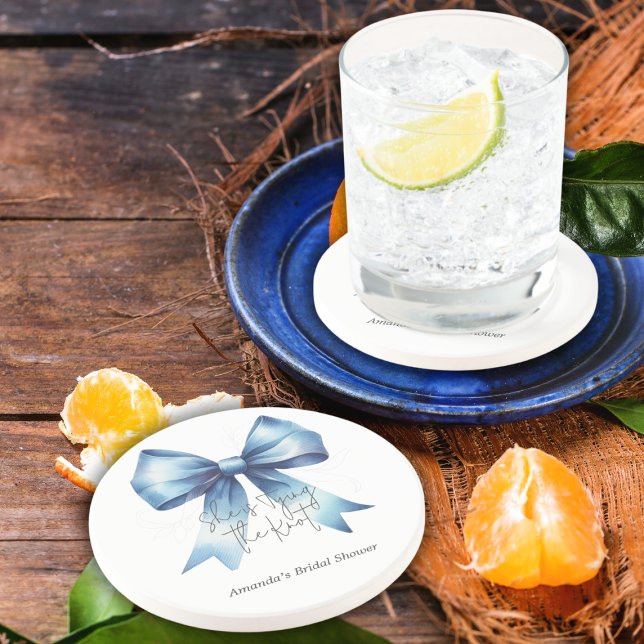 Dessous De Verre En Grès Attacher le Nœud Ruban Bleu Cérémonie de Fiançaill (Créateur téléchargé)