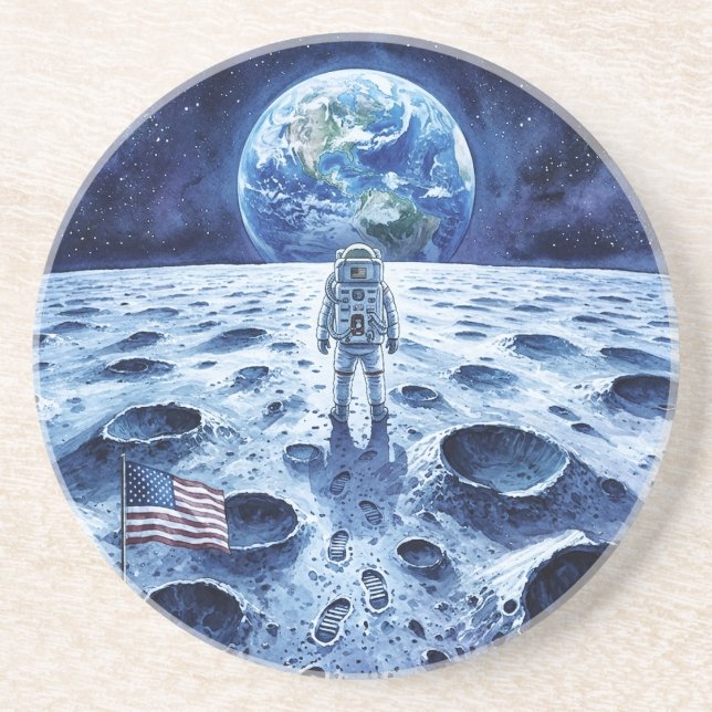 Dessous De Verre En Grès Atterrissage sur la Lune - Astronaute & Drapeau Am (Devant)