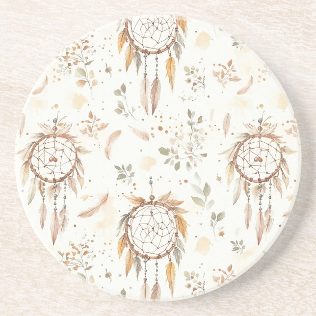 Dessous De Verre En Grès Attrape-rêves plumes Boho crème (Devant)