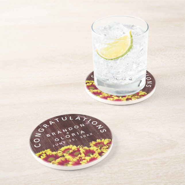 Dessous De Verre En Grès Autumn Sunflowers on Wooden Fence Wedding (Côté)