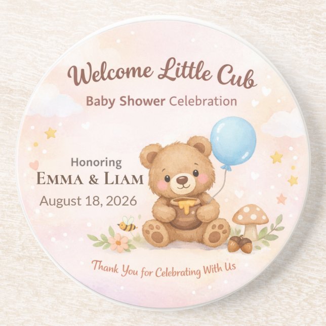 Dessous De Verre En Grès Baby Shower Coasters | Teddy Bear | Pastel Clouds (Devant)