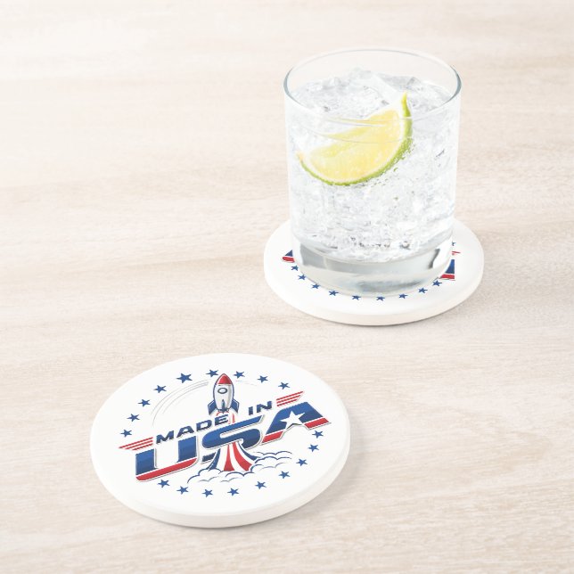 Dessous De Verre En Grès Badge patriotique de fusée rétro fabriquée aux Éta (Côté)