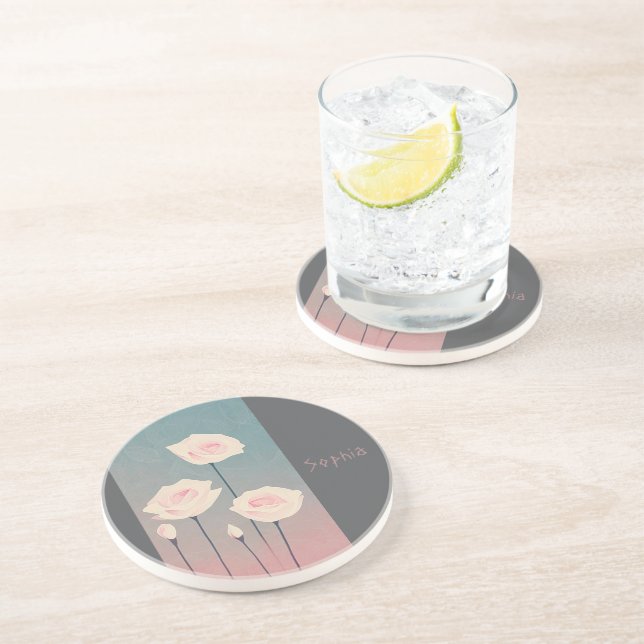 Dessous De Verre En Grès Badge Rond 5 Cm Roses, personalized (Côté)