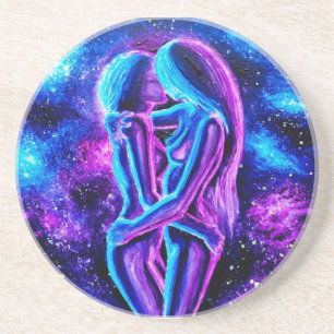 Dessous De Verre En Grès Baiser lesbien en bleu et violet