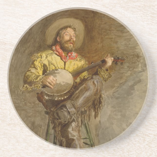 Dessous De Verre En Grès Banjo jouer Ranchero chanter Cowboy dans le Vieux- (Devant)