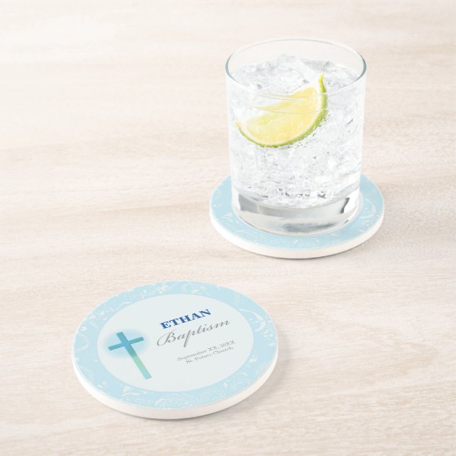 Dessous De Verre En Grès Baptême de garçon au dentelle bleue (Côté)
