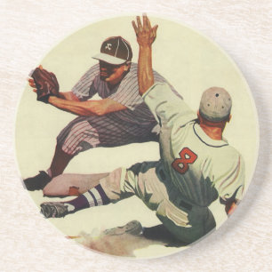 Dessous De Verre En Grès Baseball Sportif Vintage, Joueur Glissant vers le 