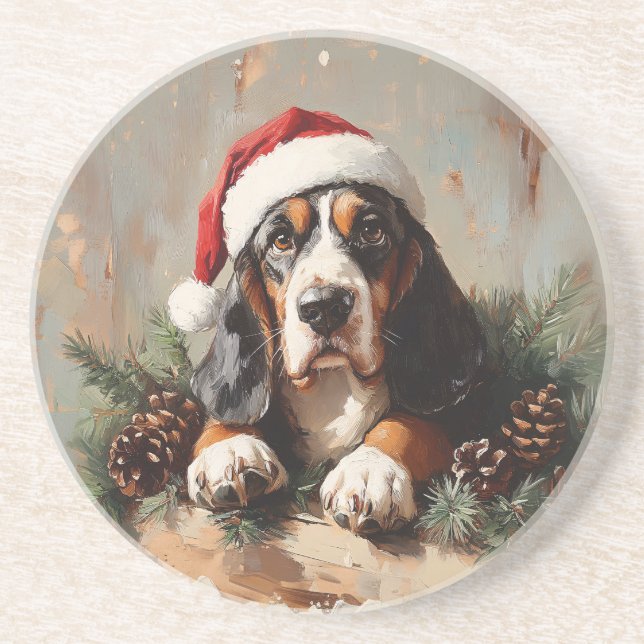 Dessous De Verre En Grès Basset Hound dans une peinture à l'huile de chapea (Devant)