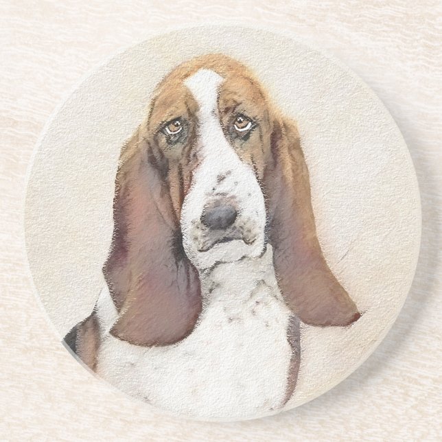 Dessous De Verre En Grès Basset Hound Peinture - Cute Original Chien Art (Devant)