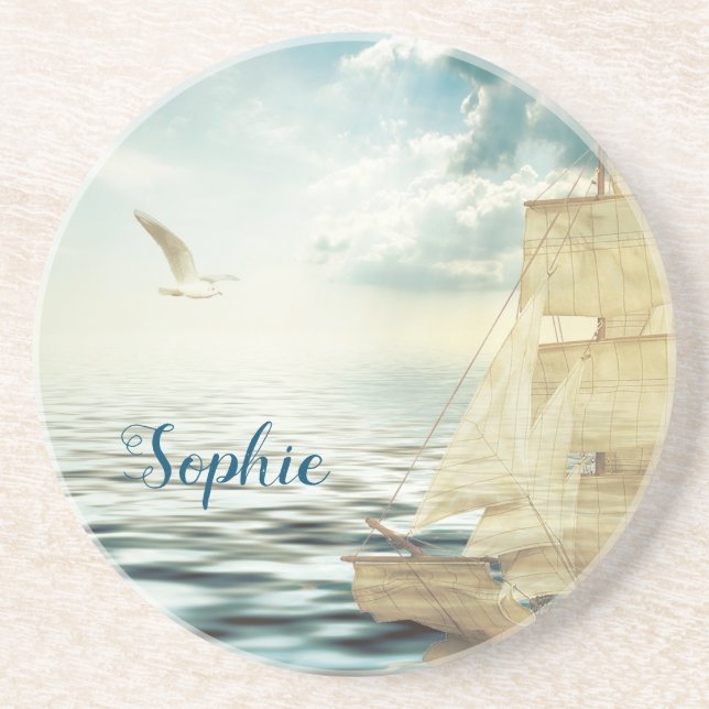 Dessous De Verre En Grès Bateau à voile et mouettes Brigantine (Devant)