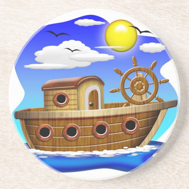 Dessous De Verre En Grès Bateau de pêche dessin animé (Devant)