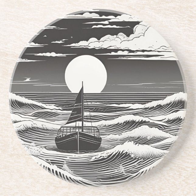 Dessous De Verre En Grès Bateau solitaire noir blanc en péril en mer (Devant)