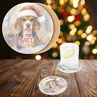 Dessous De Verre En Grès Beagle En Attente De Noël À L'Aquarelle Père Noël