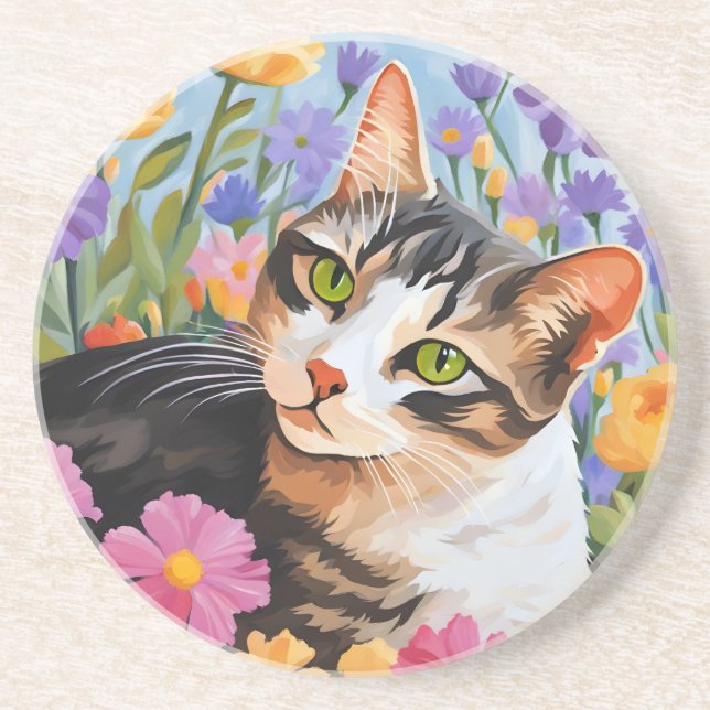 Dessous De Verre En Grès Beau chat avec fleurs (Devant)