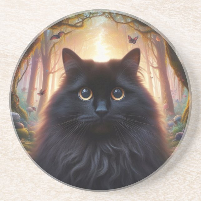 Dessous De Verre En Grès Beau Chat Noir Fluffy avec des Yeux Dorés (Devant)