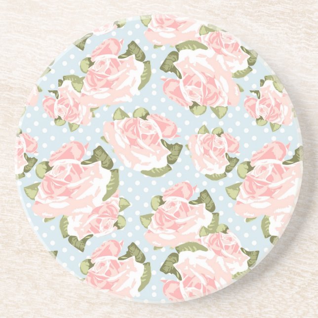 Dessous De Verre En Grès Beau motif de rose avec le pois bleu (Devant)