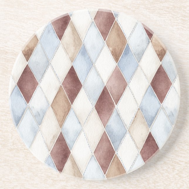 Dessous De Verre En Grès Beaux Diamants Bleus Crème Beige Marron   (Devant)
