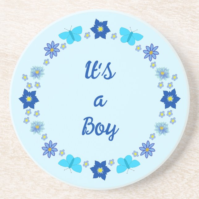 Dessous De Verre En Grès Bébé bleu Papillons et fleurs personnalisés (Devant)