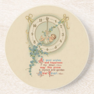 Dessous De Verre En Grès Bébé du Nouvel An Horloge Vintage