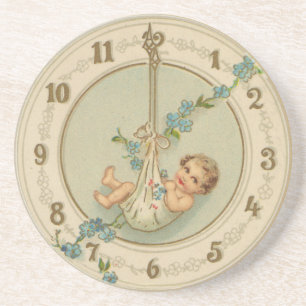 Dessous De Verre En Grès Bébé du Nouvel An Horloge Vintage