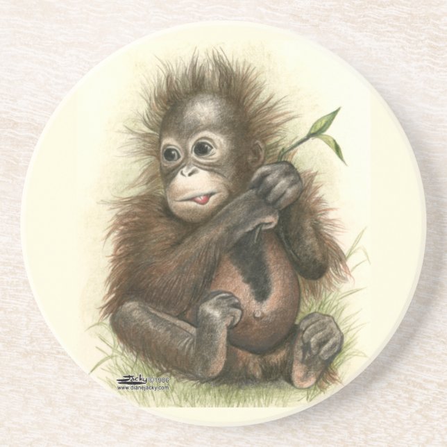 Dessous De Verre En Grès Bébé orang-outan avec des feuilles (Devant)