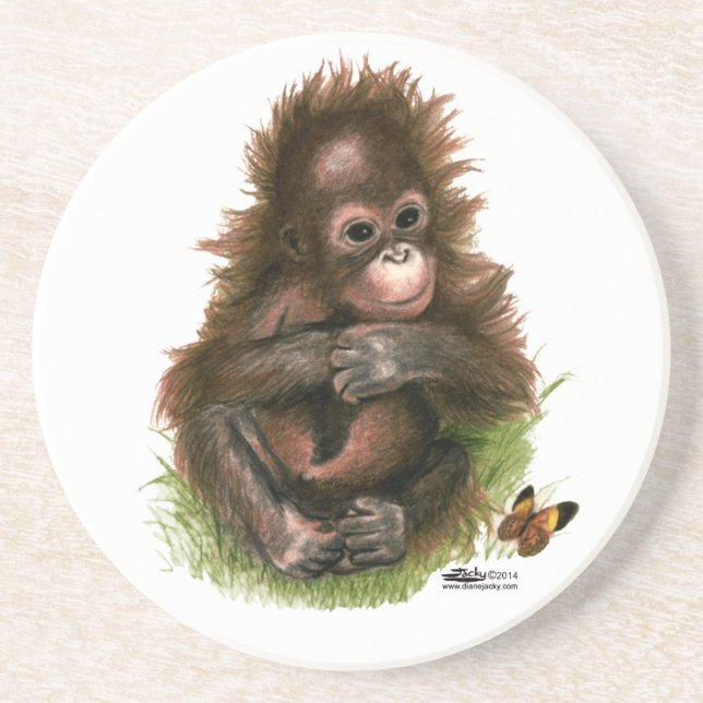 Dessous De Verre En Grès Bébé orang-outan et papillon (Devant)