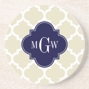 Dessous De Verre En Grès Beige, White Moroccan #5 Navy 3 Initial Monogram