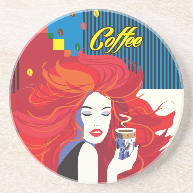 Dessous De Verre En Grès "Belle Femme de mode avec Café Cup" Pop Art (Devant)