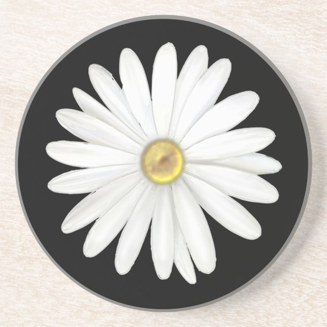 Dessous De Verre En Grès Belle Fleur marguerite sur Noir (Devant)