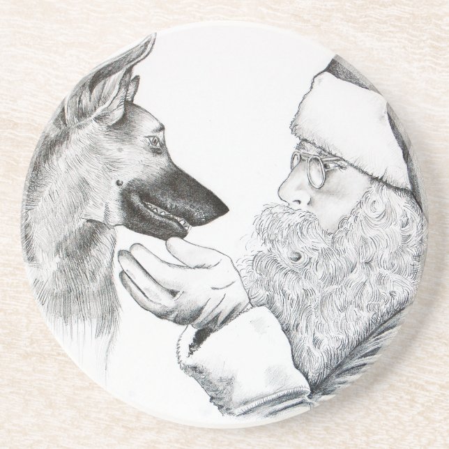 Dessous De Verre En Grès Berger allemand et Père Noël (Devant)