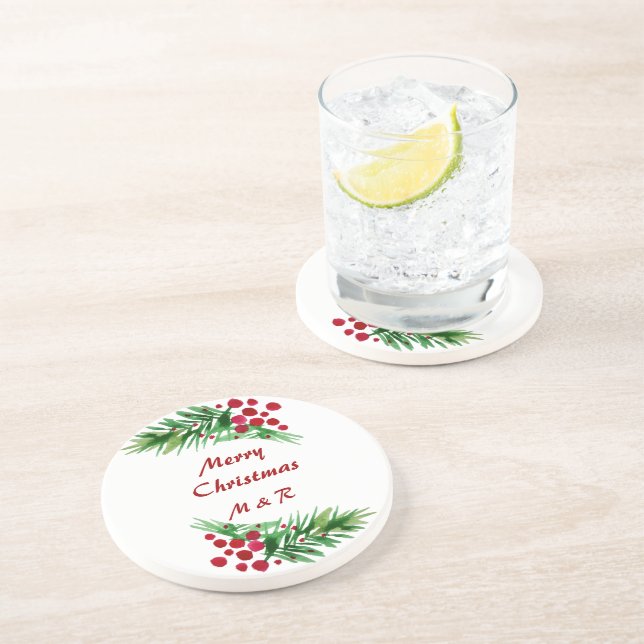 Dessous De Verre En Grès Berries Rouges Sur Une Branche De Pins Vertes (Côté)