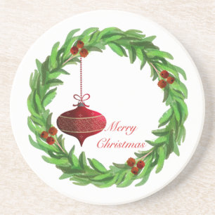 Dessous De Verre En Grès Berry Wreath Joyeux ornement Vintage de Noël