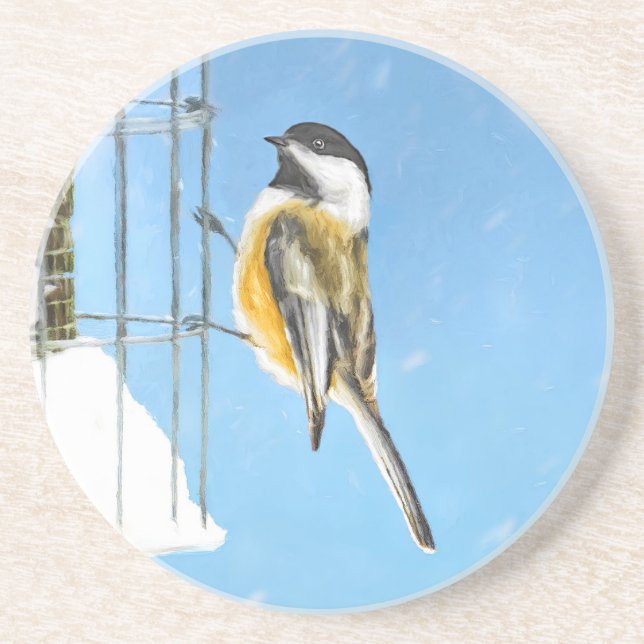 Dessous De Verre En Grès Bickadee sur la peinture d'alimentation - Oiseaux  (Devant)