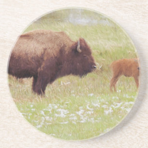 Dessous De Verre En Grès Bison et veau à Yellowstone