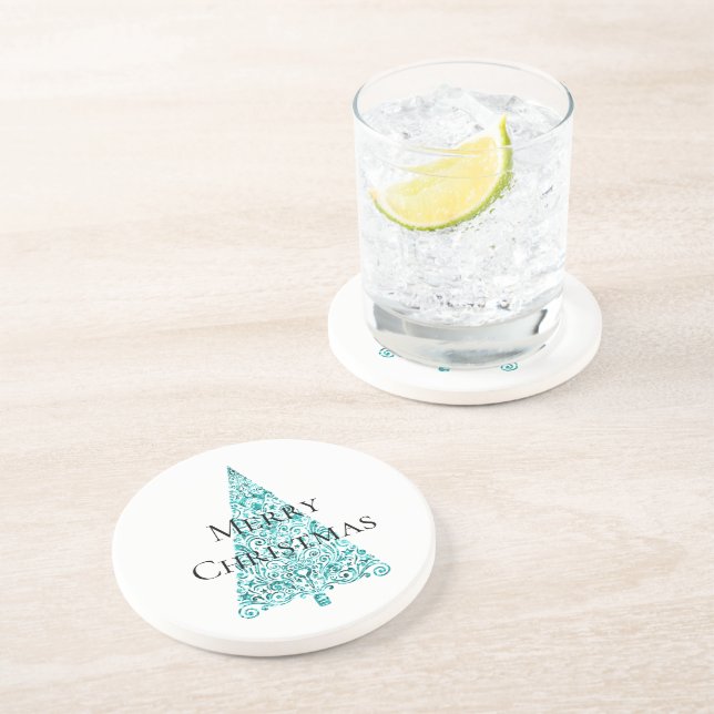Dessous De Verre En Grès Blanc Aqua Bleu sapin de Noël (Côté)