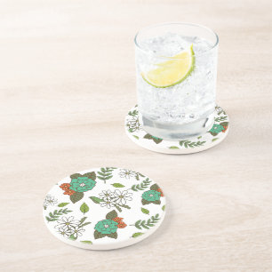 Dessous De Verre En Grès Blanc Rétro et Floral Vert