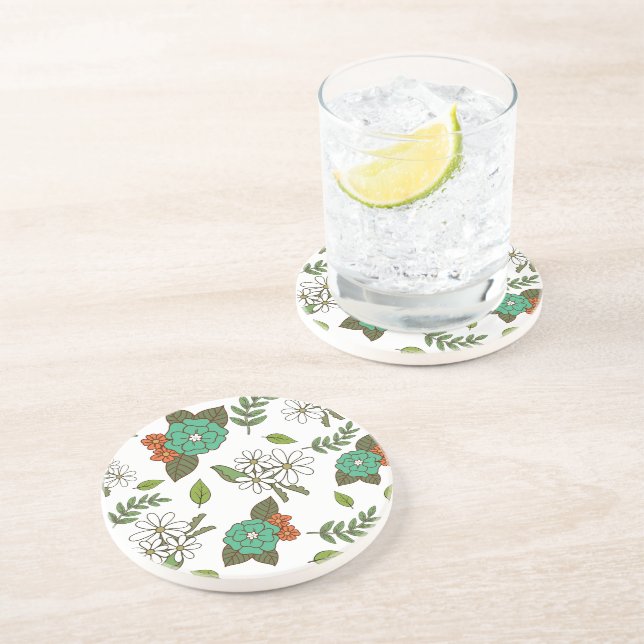 Dessous De Verre En Grès Blanc Rétro et Floral Vert (Côté)