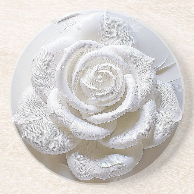 Dessous De Verre En Grès Blanc sur blanc - Rose sculpté (Devant)