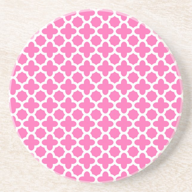 Dessous De Verre En Grès Blanc sur Motif Quatrefoil rose chaud (Devant)
