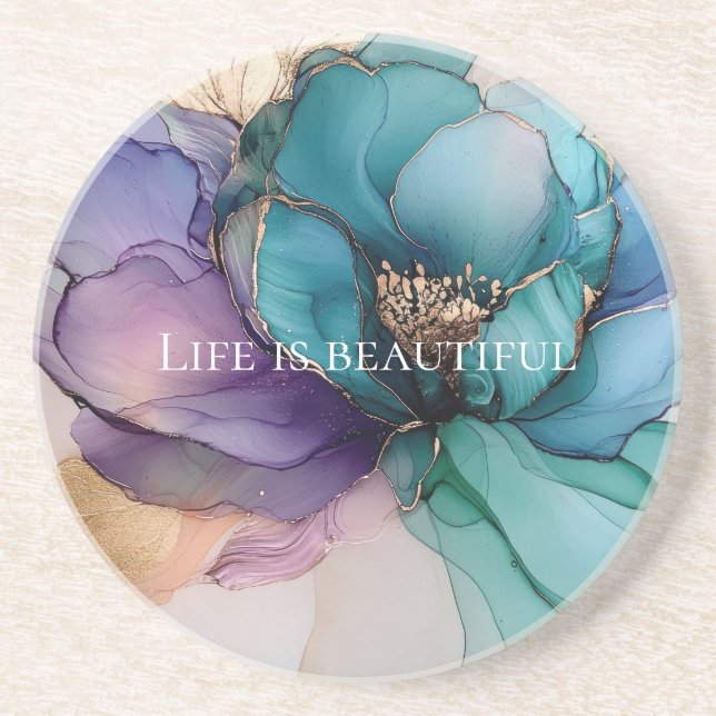 Dessous De Verre En Grès Bleu Aqua Violet Or Floral  (Devant)