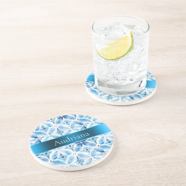 Dessous De Verre En Grès Bleu blanc Batik Floral (Côté)