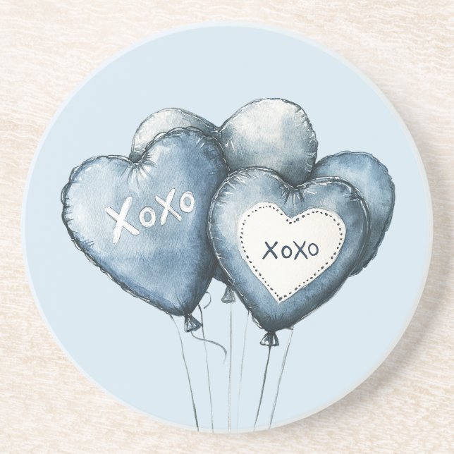 Dessous De Verre En Grès Bleu Blanc Denim Coeur Ballons (Devant)