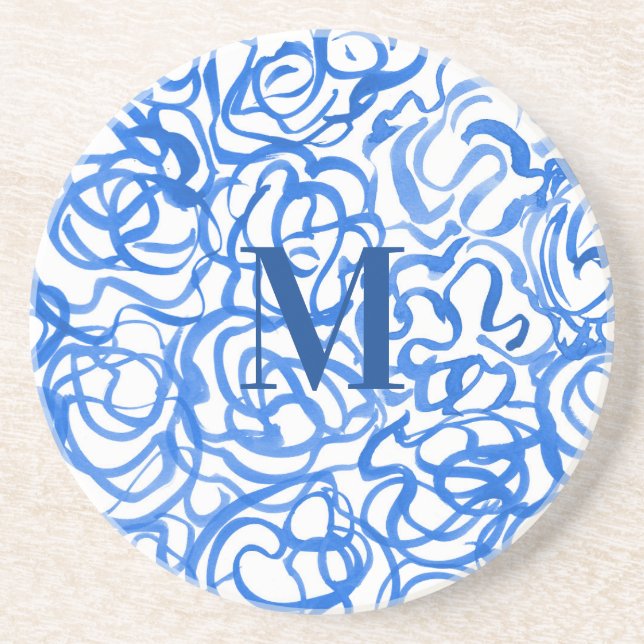 Dessous De Verre En Grès Bleu Blanc Unique Aquarelle Frotles Beverage Coa (Devant)