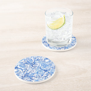 Dessous De Verre En Grès Bleu Bleu Blanc Floral Paisley Art Motif