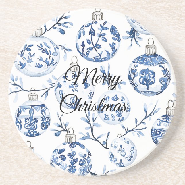 Dessous De Verre En Grès Bleu Chic Ornements de Noël Blancs (Devant)
