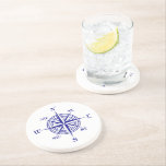 Dessous De Verre En Grès Bleu de marine sur blanc Décor côtier Rose de bous<br><div class="desc">Décor côtier sur le thème marin de style vintage marine bleu marine boussole rose sur blanc.  Design nautique pour la vie côtière ou la décoration de plage. Idéal pour un gîte balnéaire ou une maison de plage.</div>