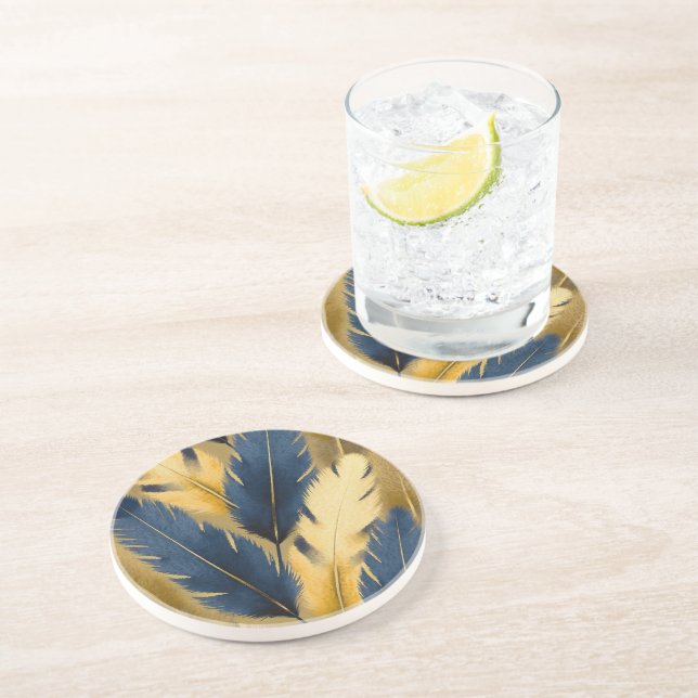 Dessous de verre en grès bleu et jaune à plumes (Côté)