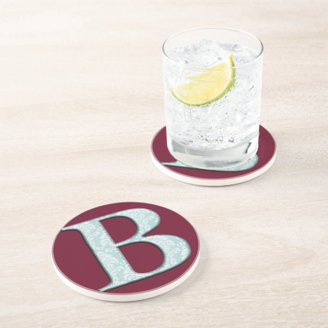 Dessous De Verre En Grès Bleu Floral Damask Imprimer B monogramme initiales (Côté)