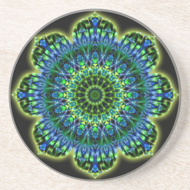 Dessous De Verre En Grès bleu vert mandala | noir (Devant)