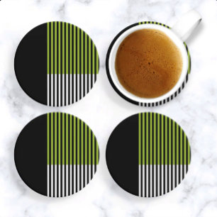 Dessous De Verre En Grès Bloc de couleur moderne rayé vert citron noir blan
